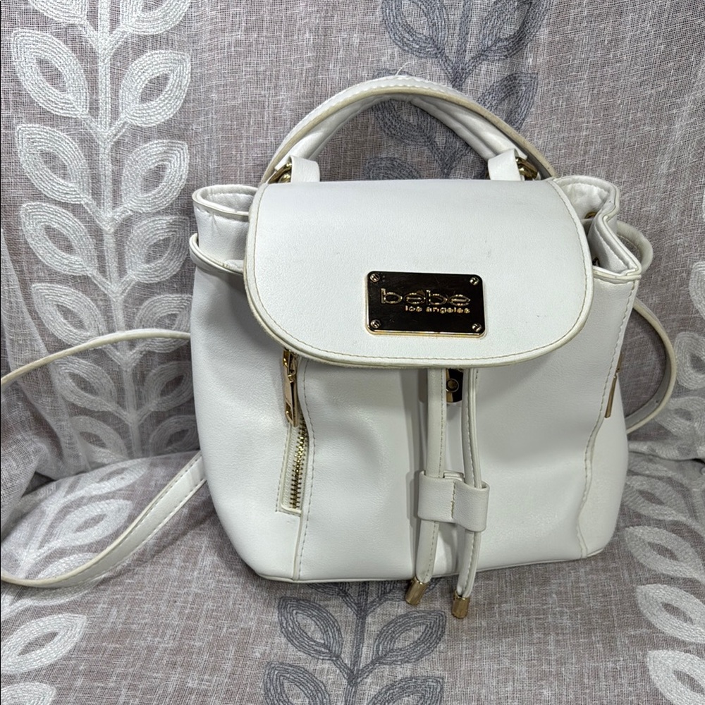 Bebe White Backpack with Gold Hardware and Drawstring Closure